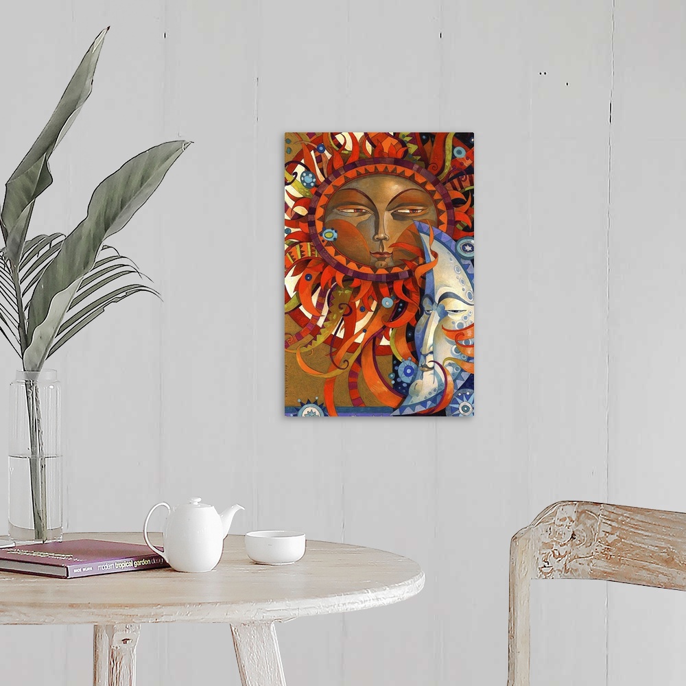 A farmhouse room featuring Contemporary artwork of a sun with a face and sun rays fanning out in all directions, next to a m...
