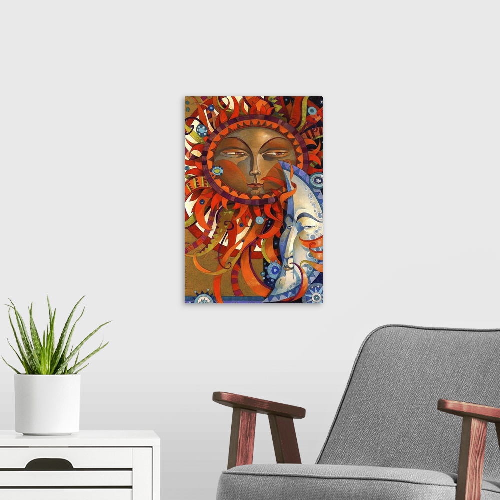 A modern room featuring Contemporary artwork of a sun with a face and sun rays fanning out in all directions, next to a m...