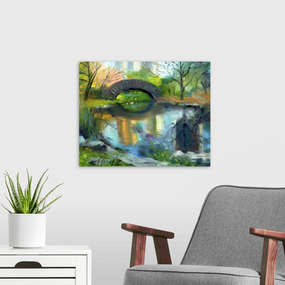 A modern room featuring Contemporary painting of an idyllic park scene.