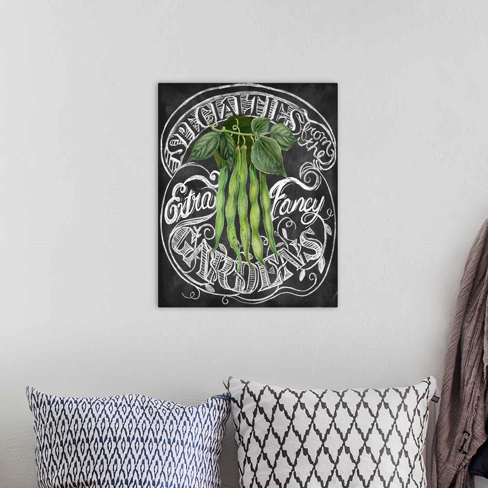 A bohemian room featuring Chalkboard-style sign for fresh produce from the Farmer's Market.