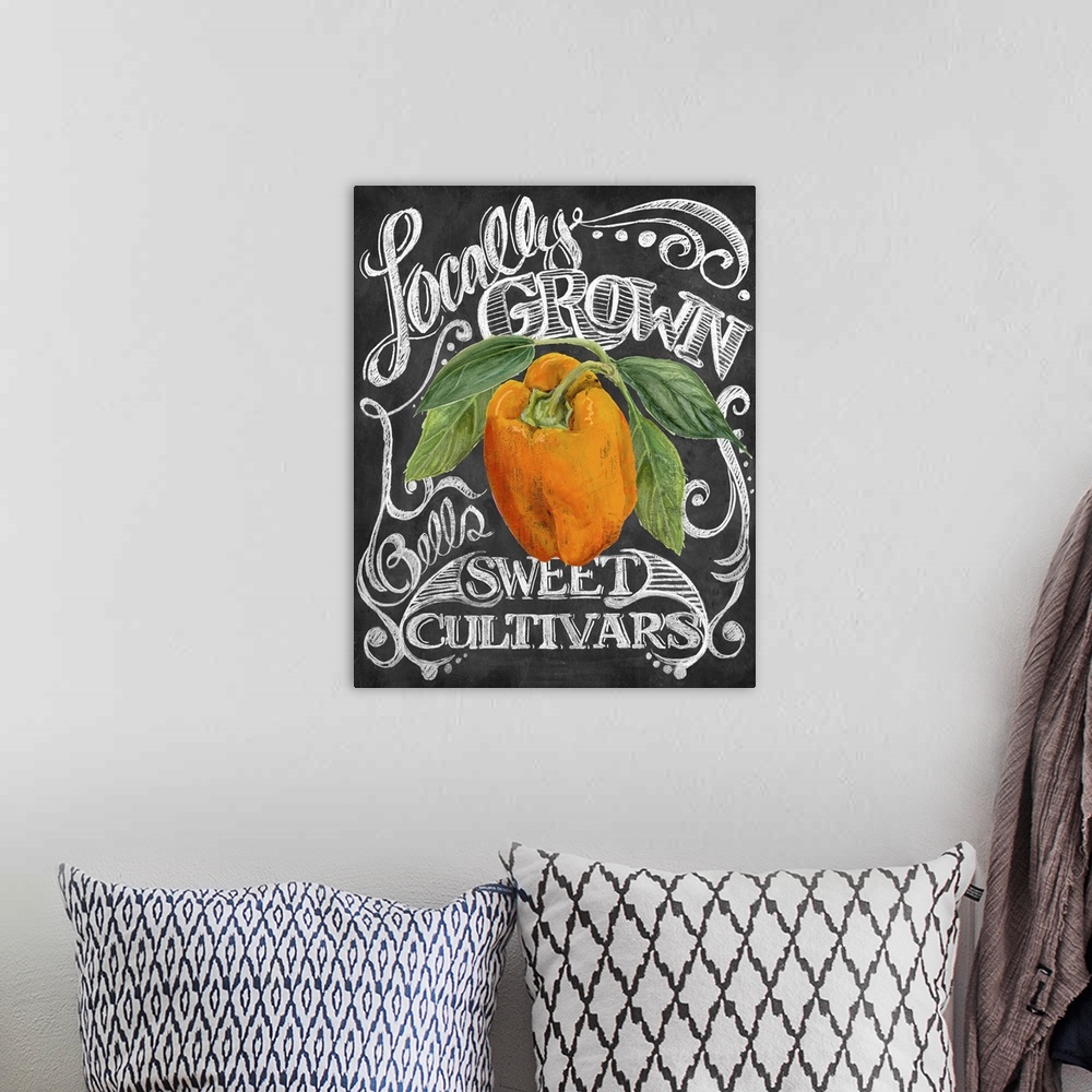 A bohemian room featuring Chalkboard-style sign for fresh produce from the Farmer's Market.