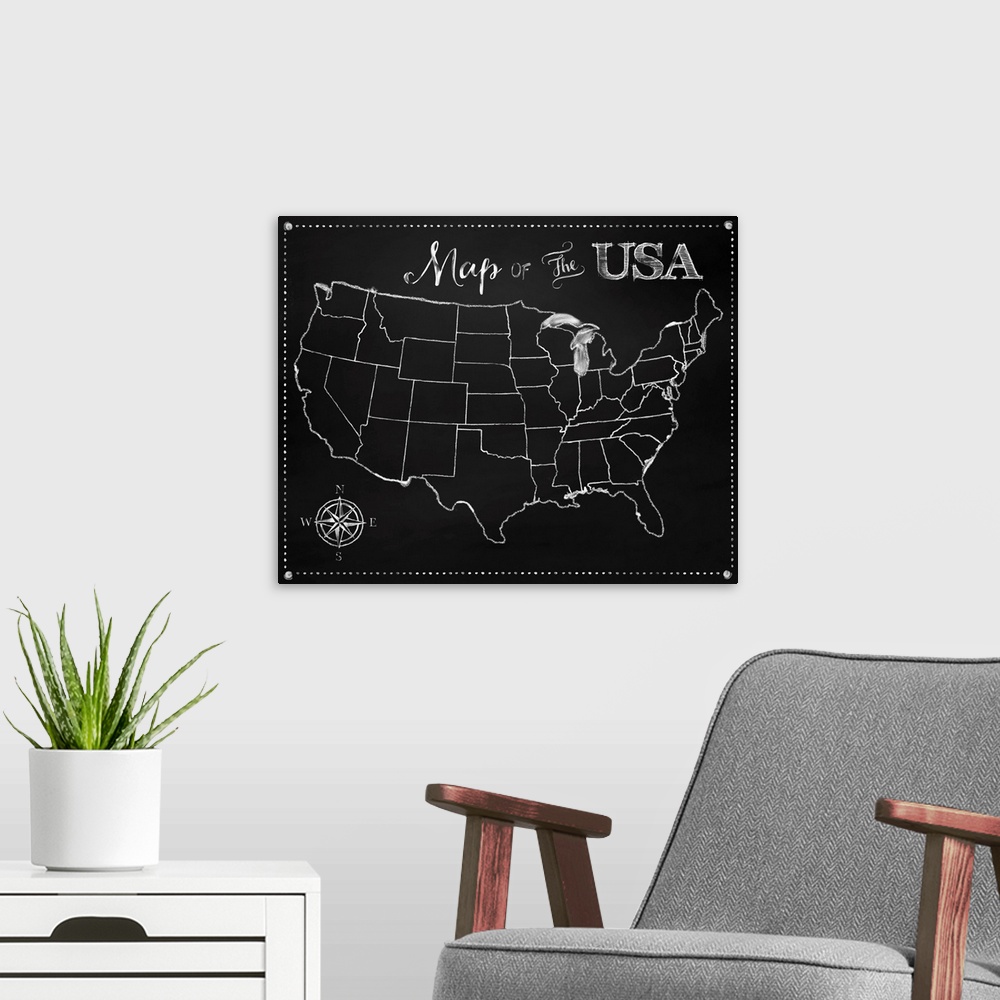 A modern room featuring Chalkboard US Map