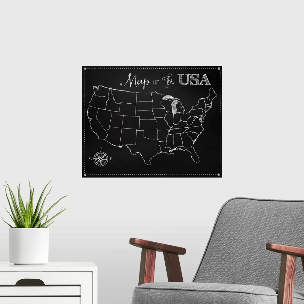A modern room featuring Chalkboard US Map