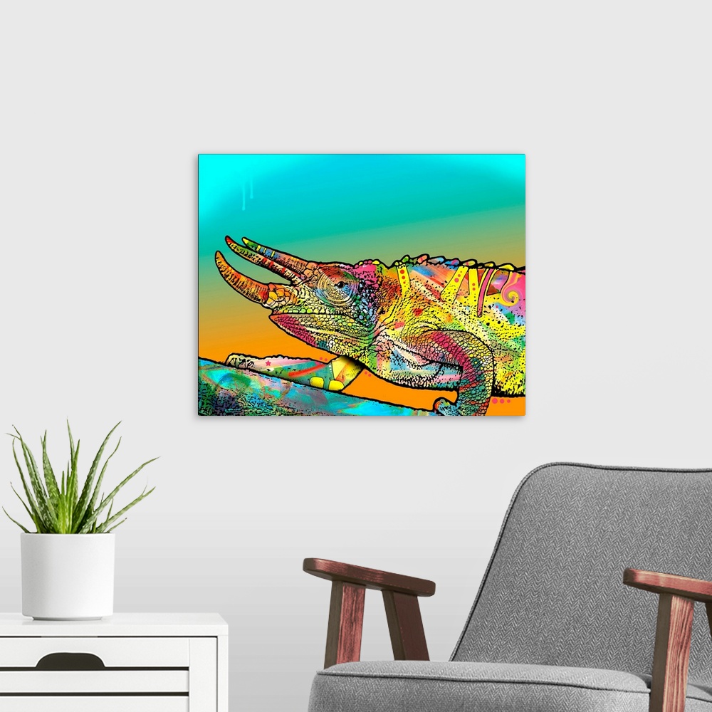 A modern room featuring Colorful illustration of a chameleon walking up a branch on a blue and orange background.