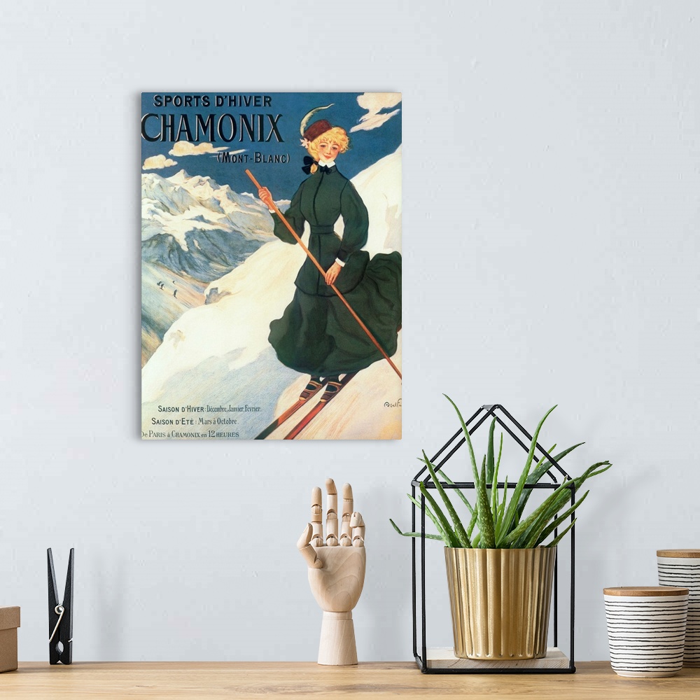 A bohemian room featuring Vintage poster advertisement for Chamonix Mont Blanc.