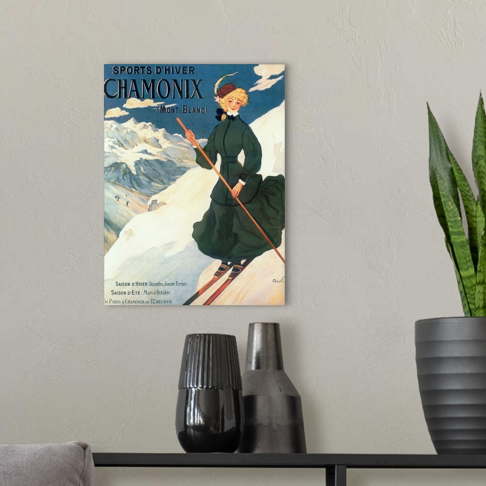 A modern room featuring Vintage poster advertisement for Chamonix Mont Blanc.