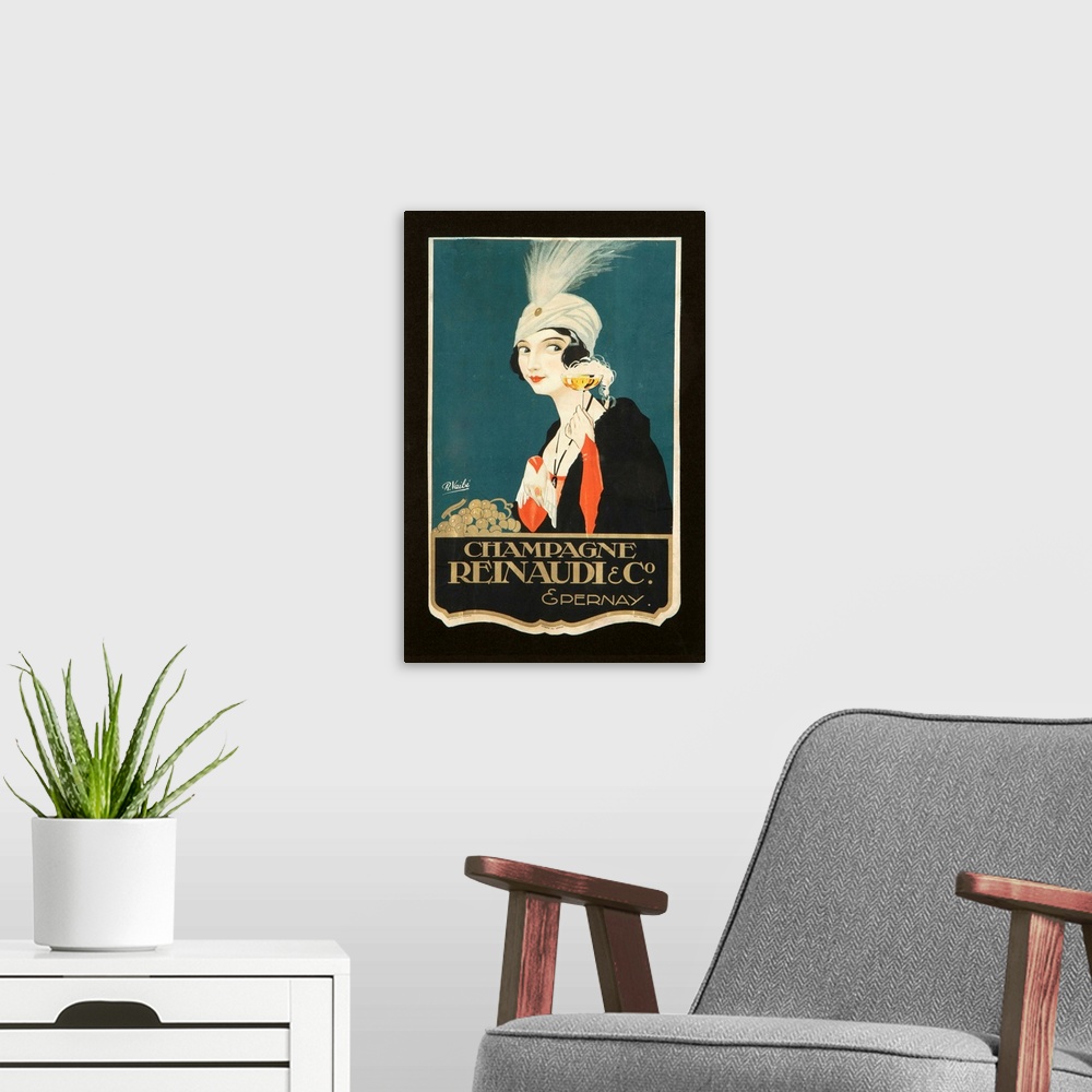 A modern room featuring Vintage poster advertisement for Champagne Renaudi.