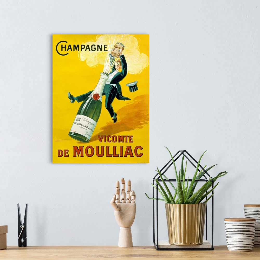 A bohemian room featuring Big vintage art displays an advertisement for a white sparkling wine that is associated with cele...