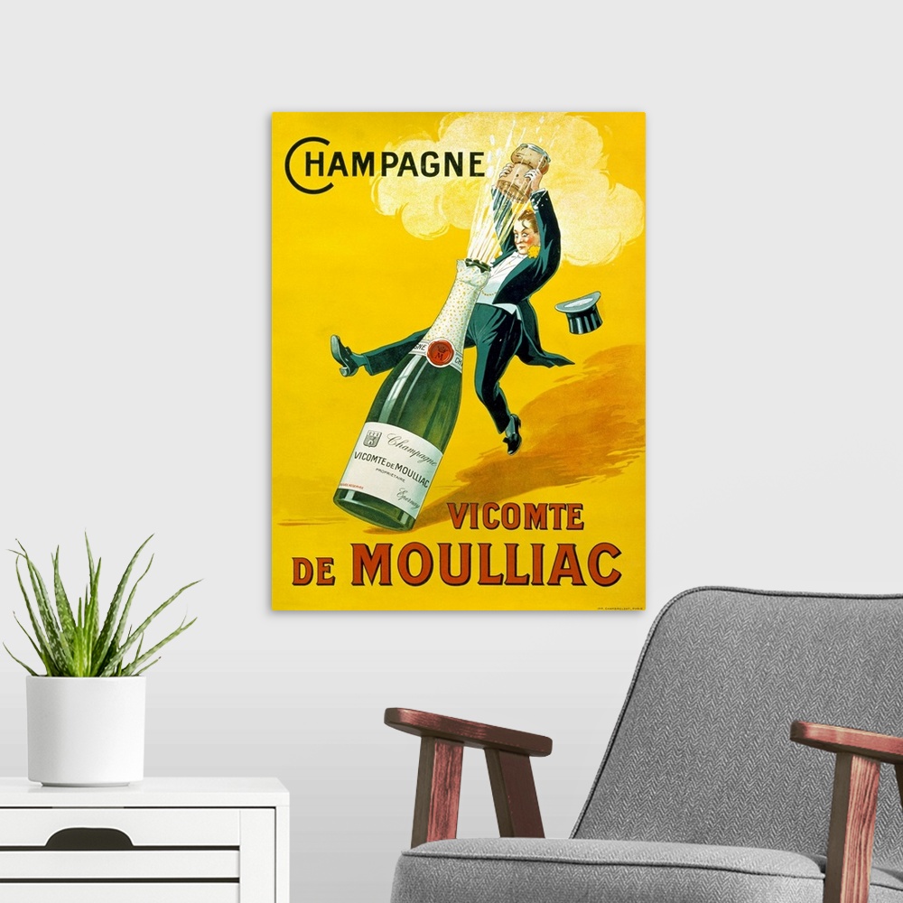 A modern room featuring Big vintage art displays an advertisement for a white sparkling wine that is associated with cele...