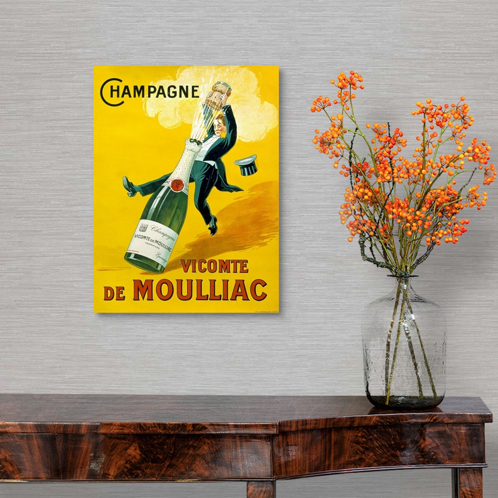 A traditional room featuring Big vintage art displays an advertisement for a white sparkling wine that is associated with cele...
