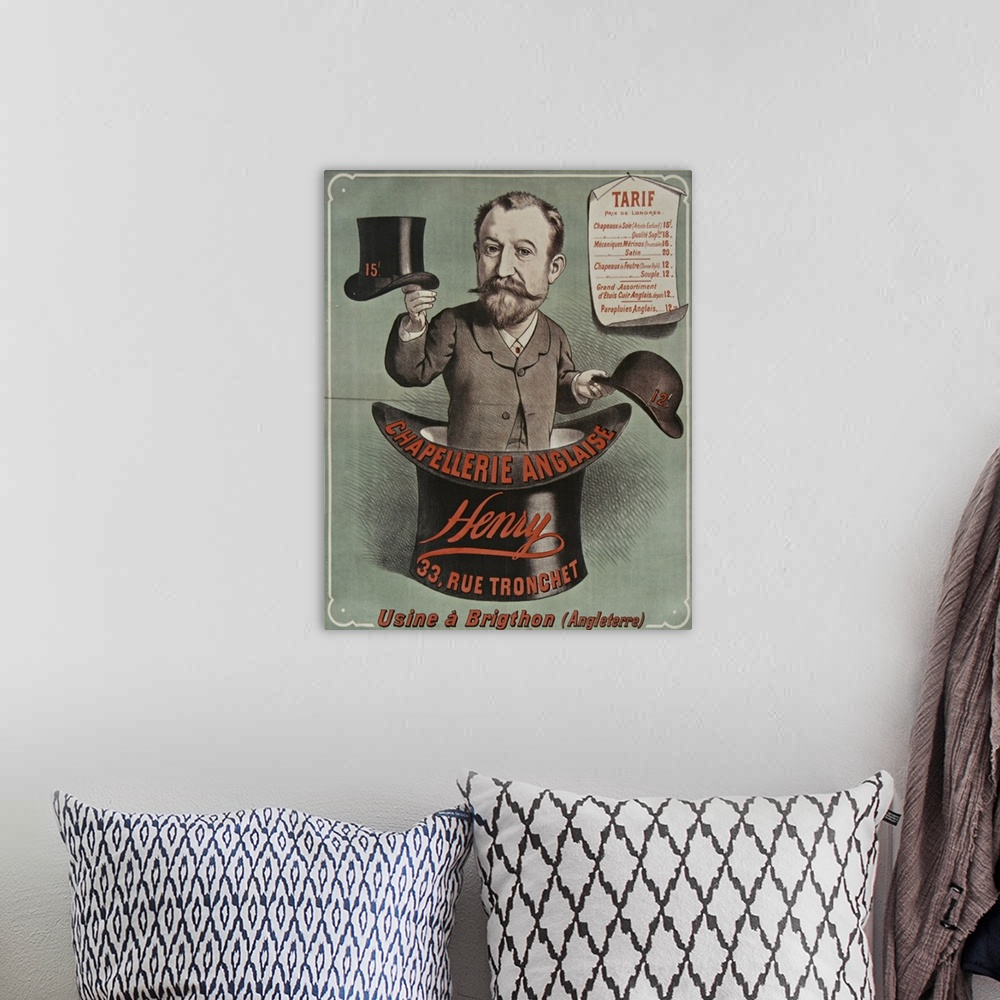A bohemian room featuring Vintage poster advertisement for Chapellerie Anglaise.
