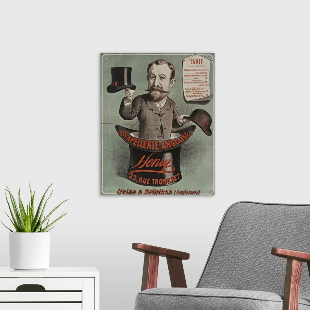 A modern room featuring Vintage poster advertisement for Chapellerie Anglaise.