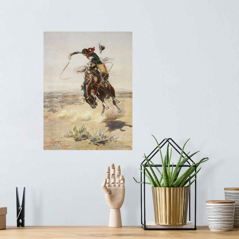 A bohemian room featuring Vintage illustration of a cowboy riding his horse in a desert landscape.