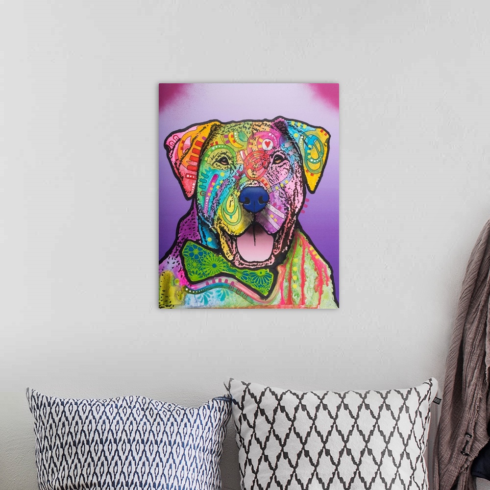 A bohemian room featuring Pop art style painting of a labrador wearing a floral bow tie and covered in colorful abstract de...