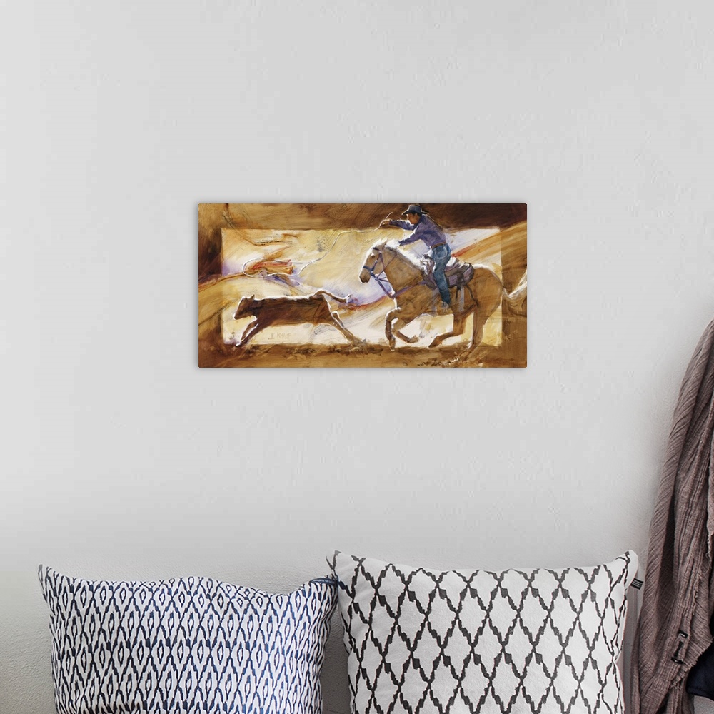 A bohemian room featuring Western themed contemporary painting of a cowboy wrangling a calf.