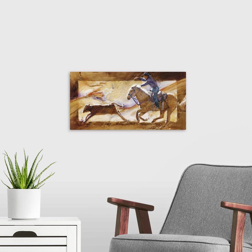A modern room featuring Western themed contemporary painting of a cowboy wrangling a calf.