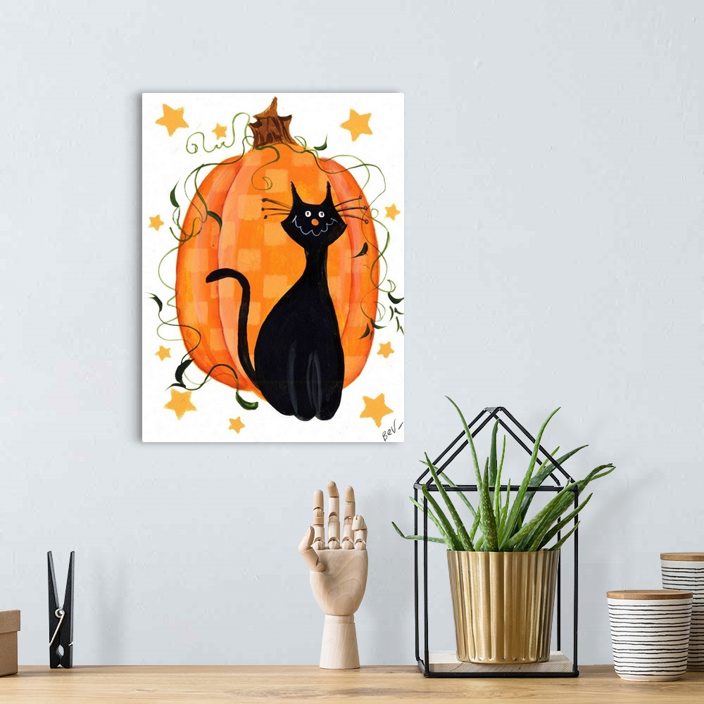 A bohemian room featuring black cat and pumpkinhalloween
