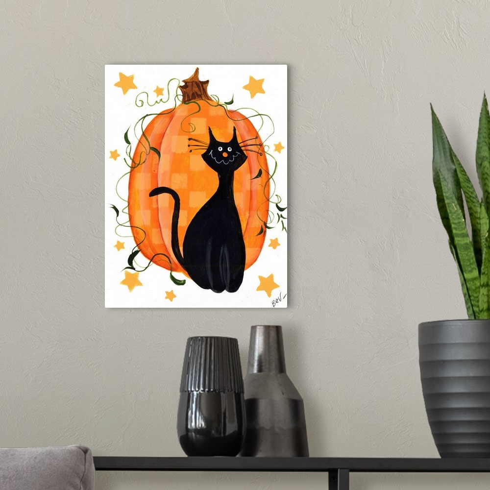 A modern room featuring black cat and pumpkinhalloween