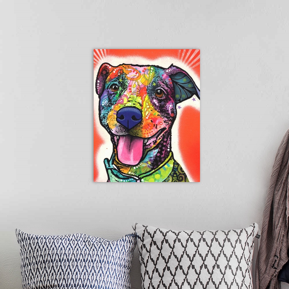 A bohemian room featuring Colorful painting of a happy dog on a red and white spray painted background.