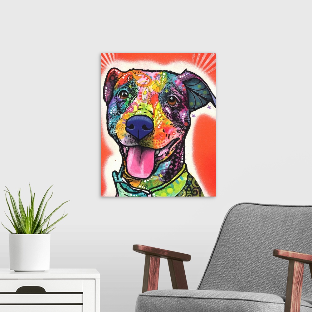 A modern room featuring Colorful painting of a happy dog on a red and white spray painted background.