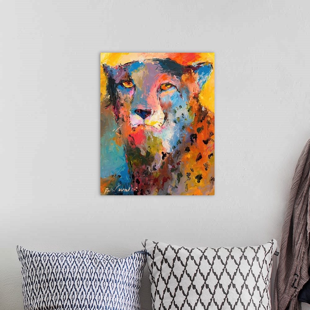 A bohemian room featuring Colorful abstract painting of a cheetah.