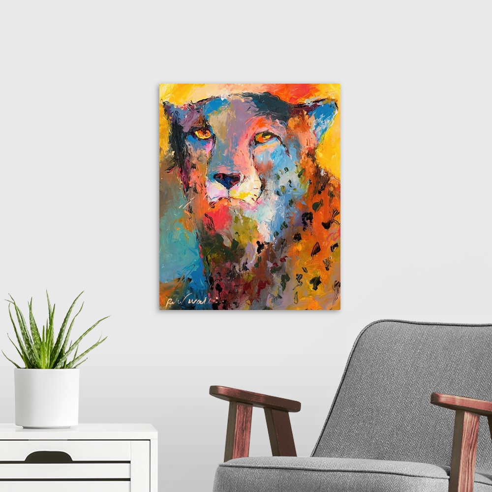 A modern room featuring Colorful abstract painting of a cheetah.