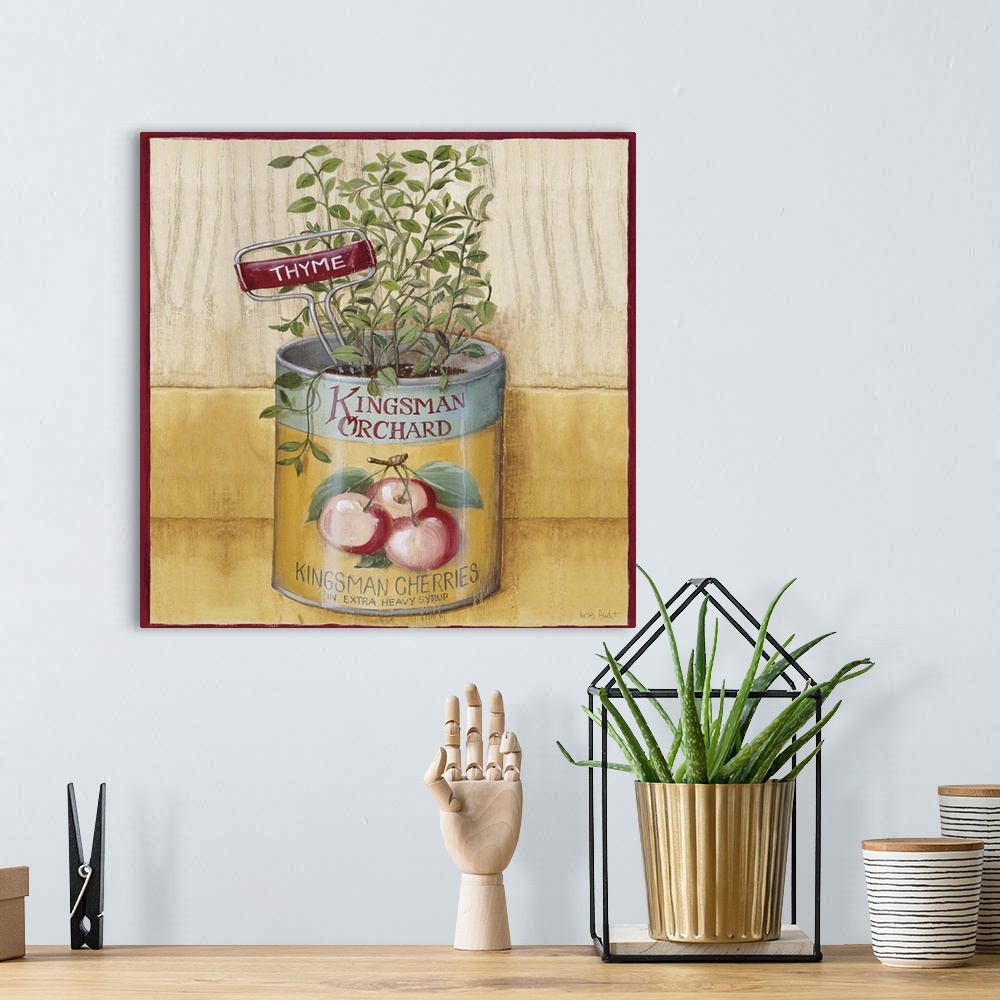 A bohemian room featuring thyme plant growing in Kingsman Orchard Cherries tin