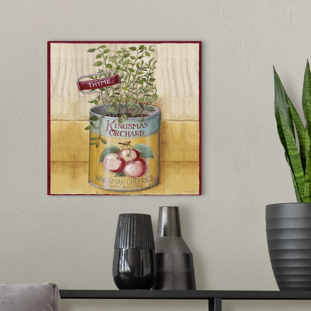 A modern room featuring thyme plant growing in Kingsman Orchard Cherries tin