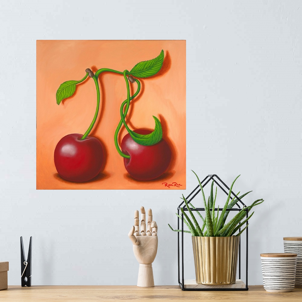 A bohemian room featuring Humorous square painting of two cherries with their stems attached creating the pi symbol (cherry...