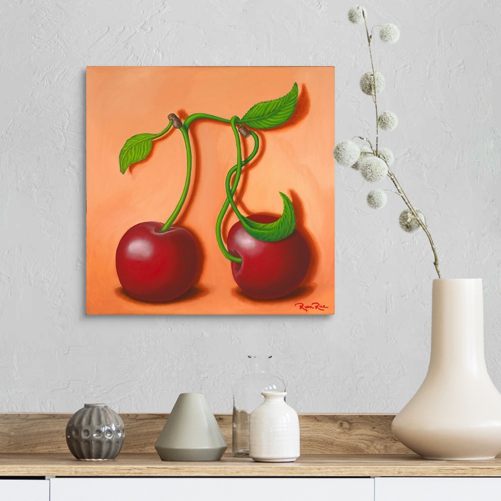 A farmhouse room featuring Humorous square painting of two cherries with their stems attached creating the pi symbol (cherry...