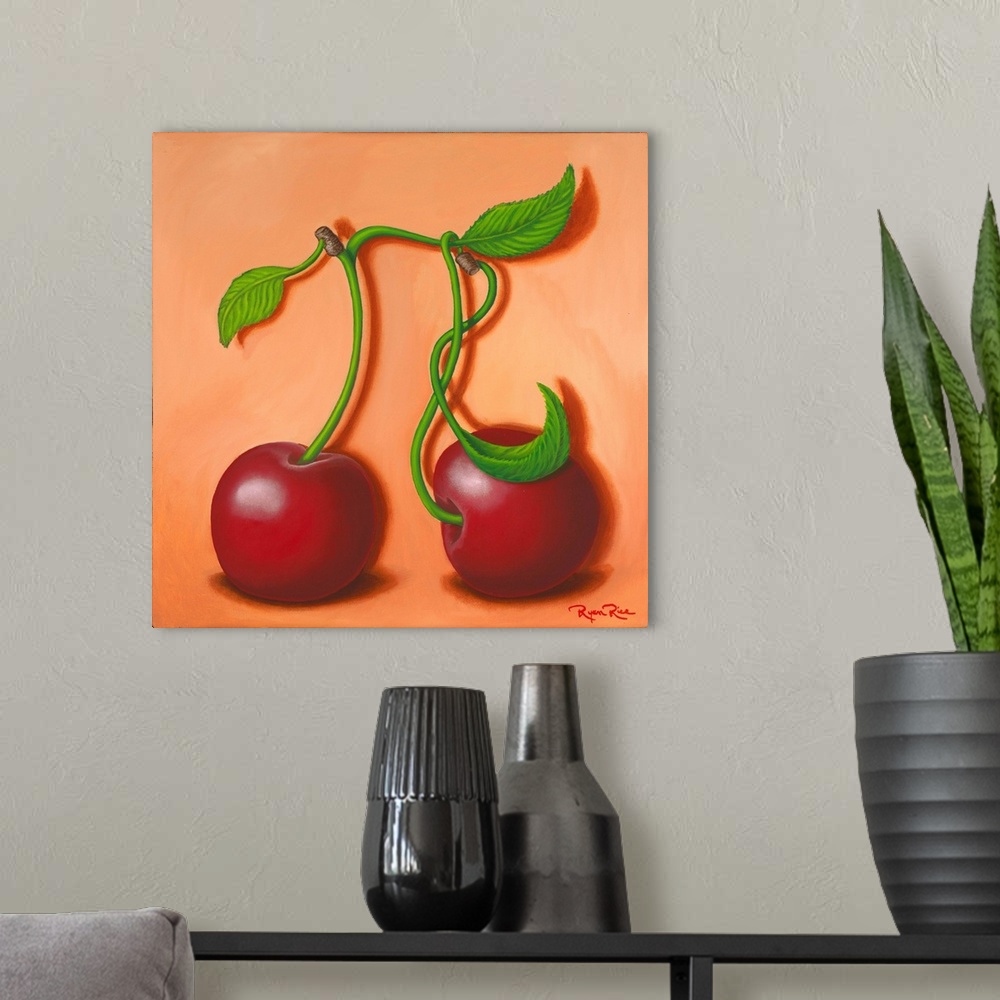 A modern room featuring Humorous square painting of two cherries with their stems attached creating the pi symbol (cherry...
