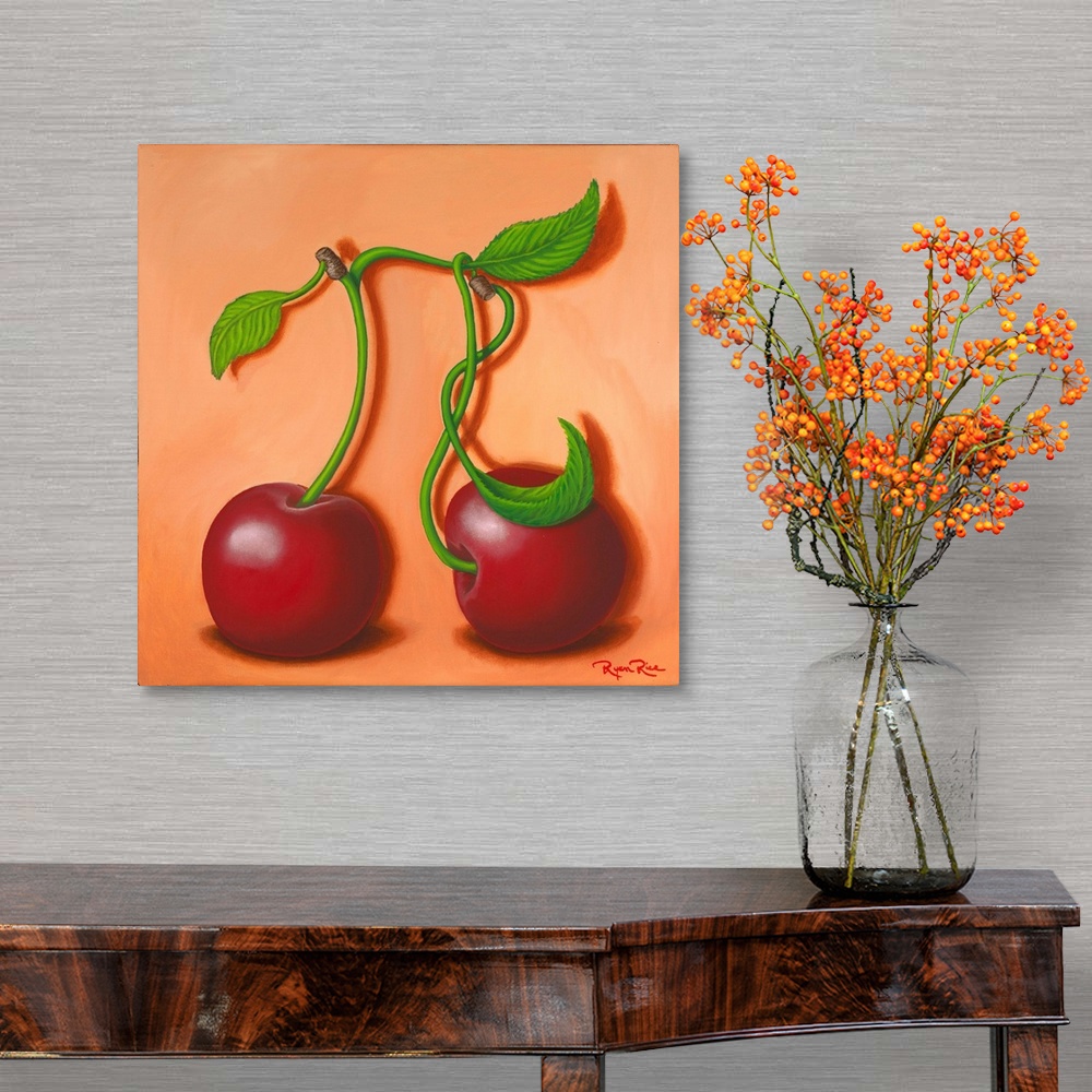 A traditional room featuring Humorous square painting of two cherries with their stems attached creating the pi symbol (cherry...