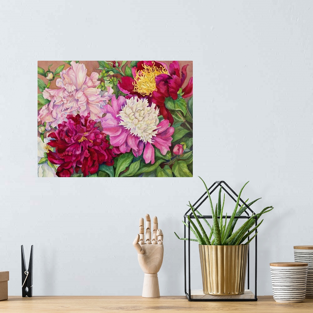 A bohemian room featuring Contemporary colorful painting of bright vibrant flowers.