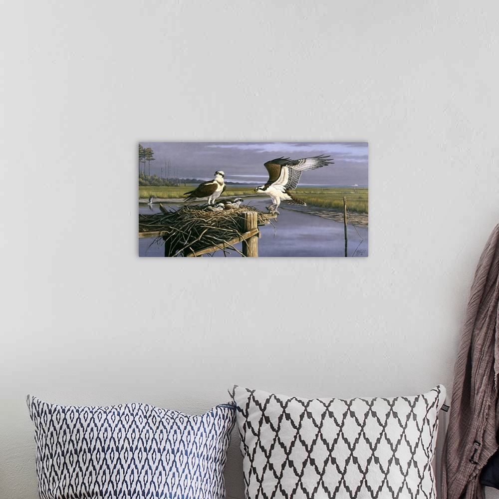 A bohemian room featuring Contemporary painting of an osprey landing back to its nest.