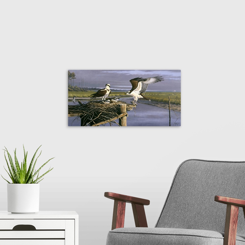 A modern room featuring Contemporary painting of an osprey landing back to its nest.