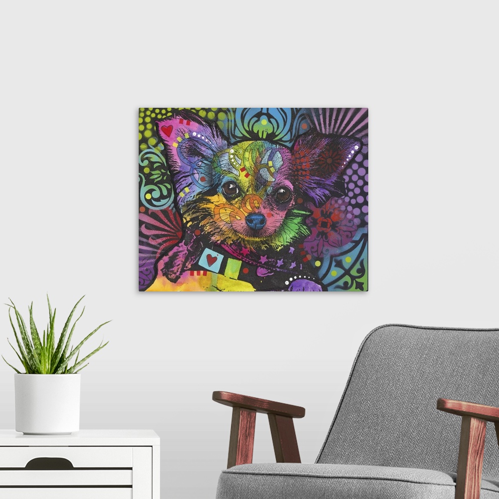 A modern room featuring Pop art style painting of a small dog with large ears in various colors.