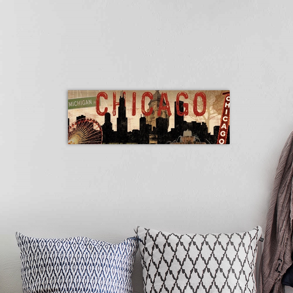 A bohemian room featuring Large artwork on a horizontal canvas of the Chicago skyline with collaged images layered over it,...