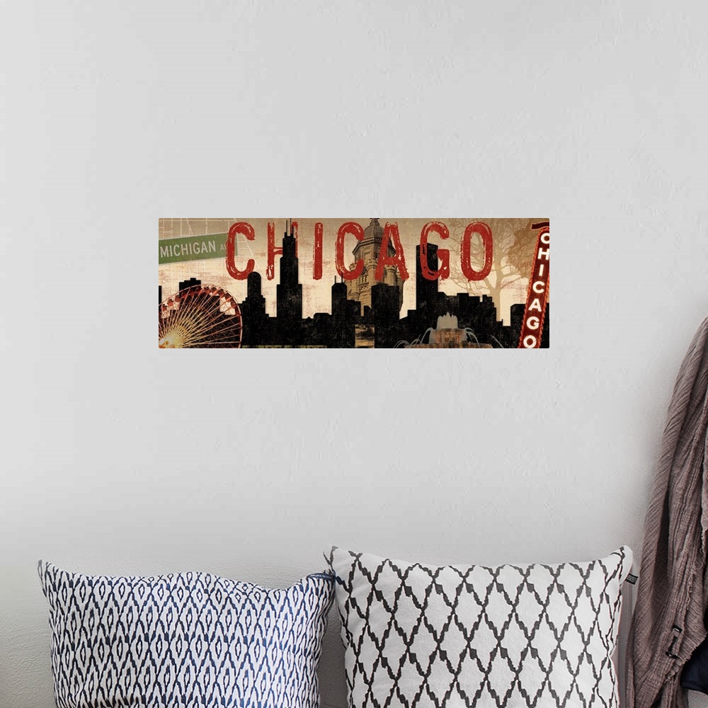 A bohemian room featuring Large artwork on a horizontal canvas of the Chicago skyline with collaged images layered over it,...