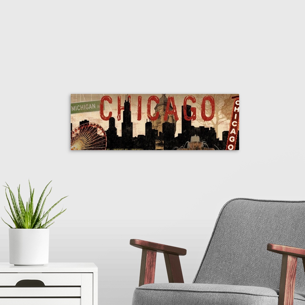 A modern room featuring Large artwork on a horizontal canvas of the Chicago skyline with collaged images layered over it,...