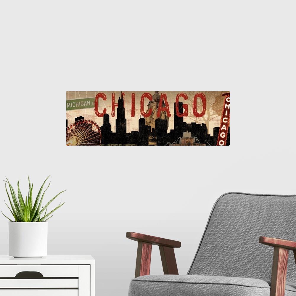 A modern room featuring Large artwork on a horizontal canvas of the Chicago skyline with collaged images layered over it,...