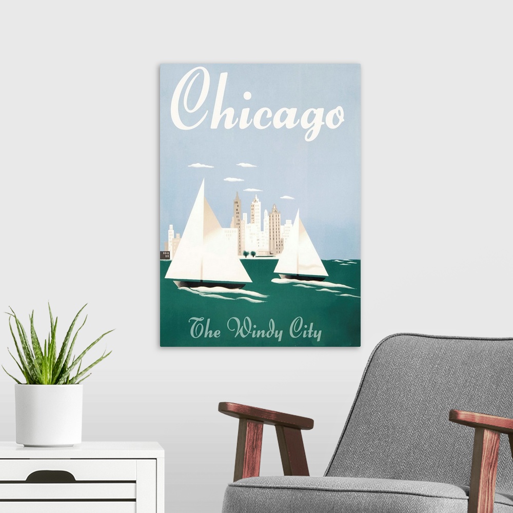 A modern room featuring Vintage poster advertisement for Chicago Windy City.