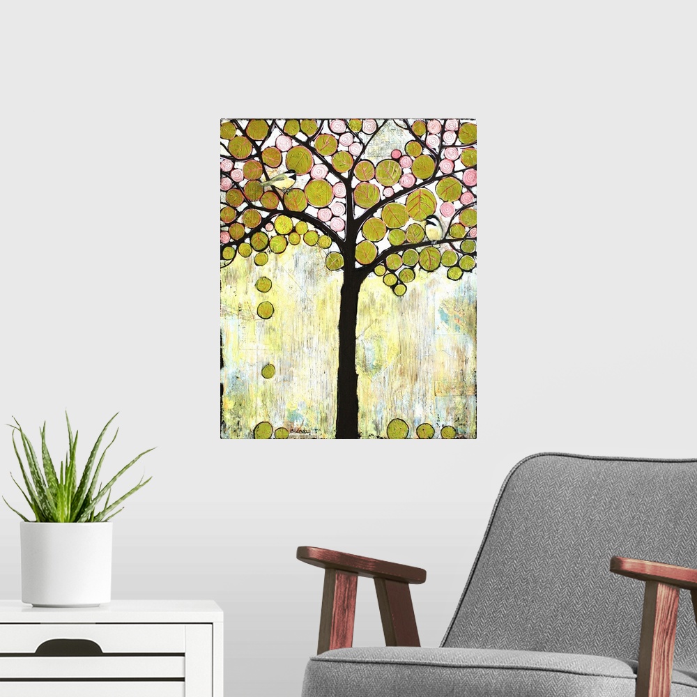 A modern room featuring Lighthearted contemporary painting of a tree with birds perched on the on the branches.