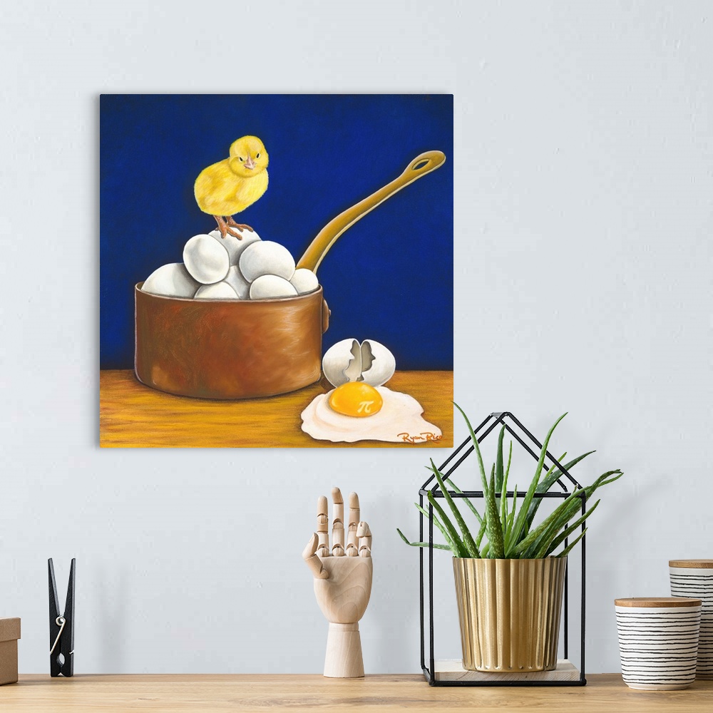 A bohemian room featuring Square pun painting of a chick standing on eggs in a pot with a cracked egg on the able that has ...