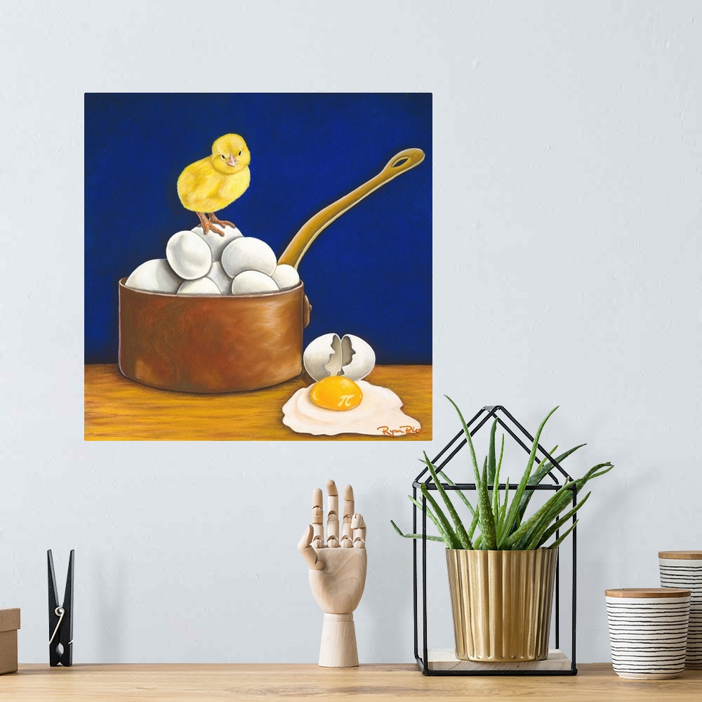 A bohemian room featuring Square pun painting of a chick standing on eggs in a pot with a cracked egg on the able that has ...