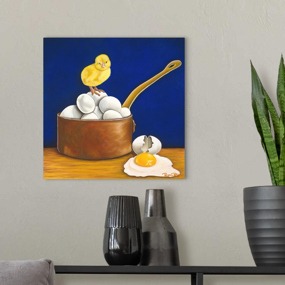 A modern room featuring Square pun painting of a chick standing on eggs in a pot with a cracked egg on the able that has ...