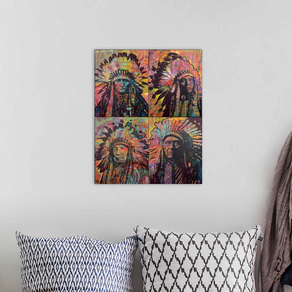 A bohemian room featuring Illustration of four Indian Chiefs broken into four rectangular sections on a colorfully designed...