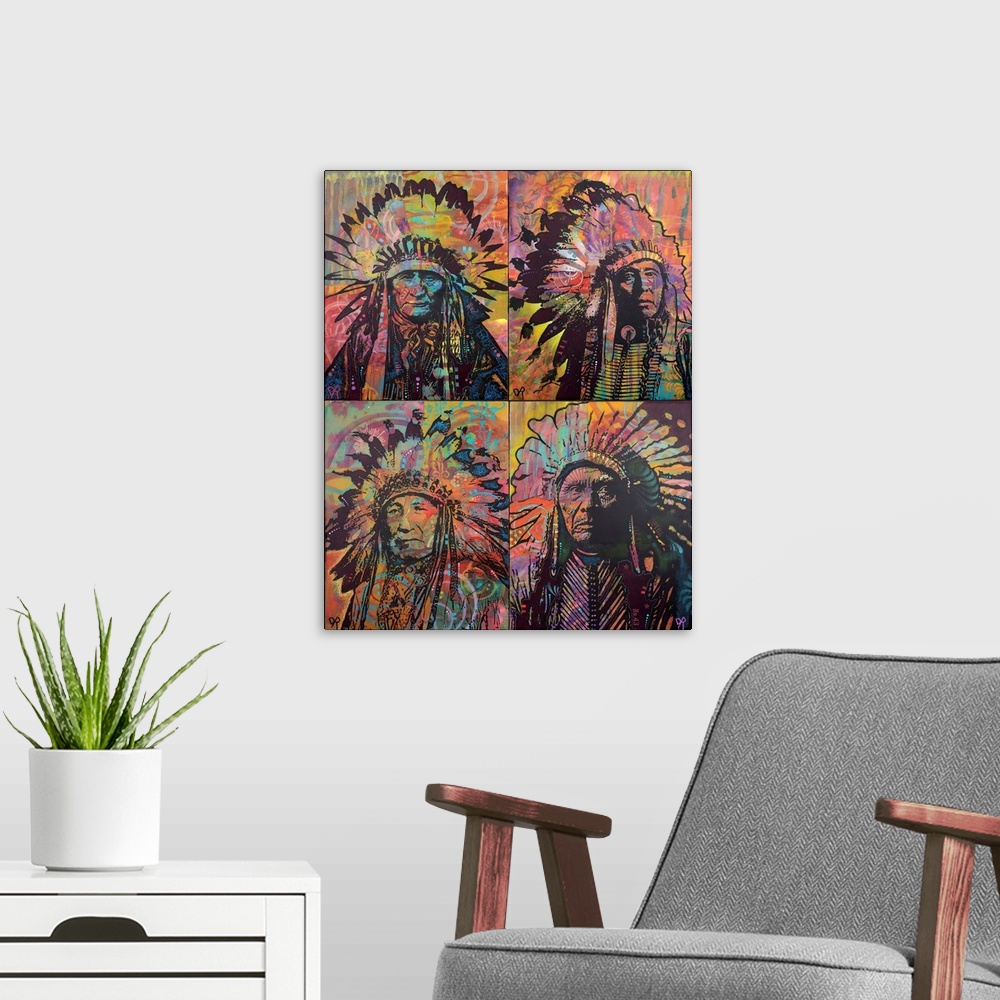 A modern room featuring Illustration of four Indian Chiefs broken into four rectangular sections on a colorfully designed...