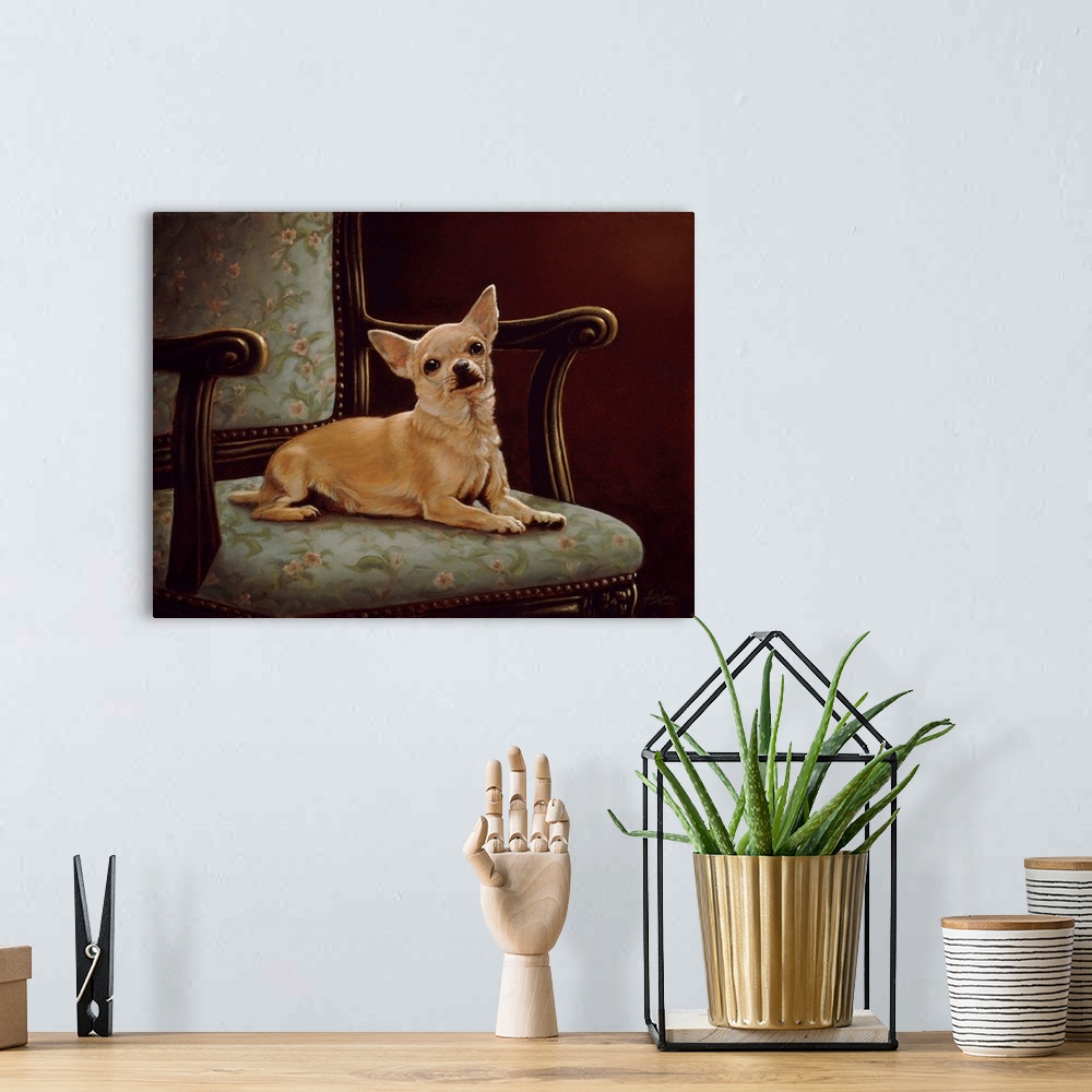 A bohemian room featuring Contemporary painting of a dog sitting on a chair.