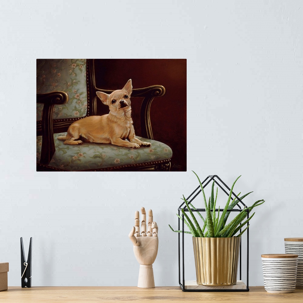 A bohemian room featuring Contemporary painting of a dog sitting on a chair.