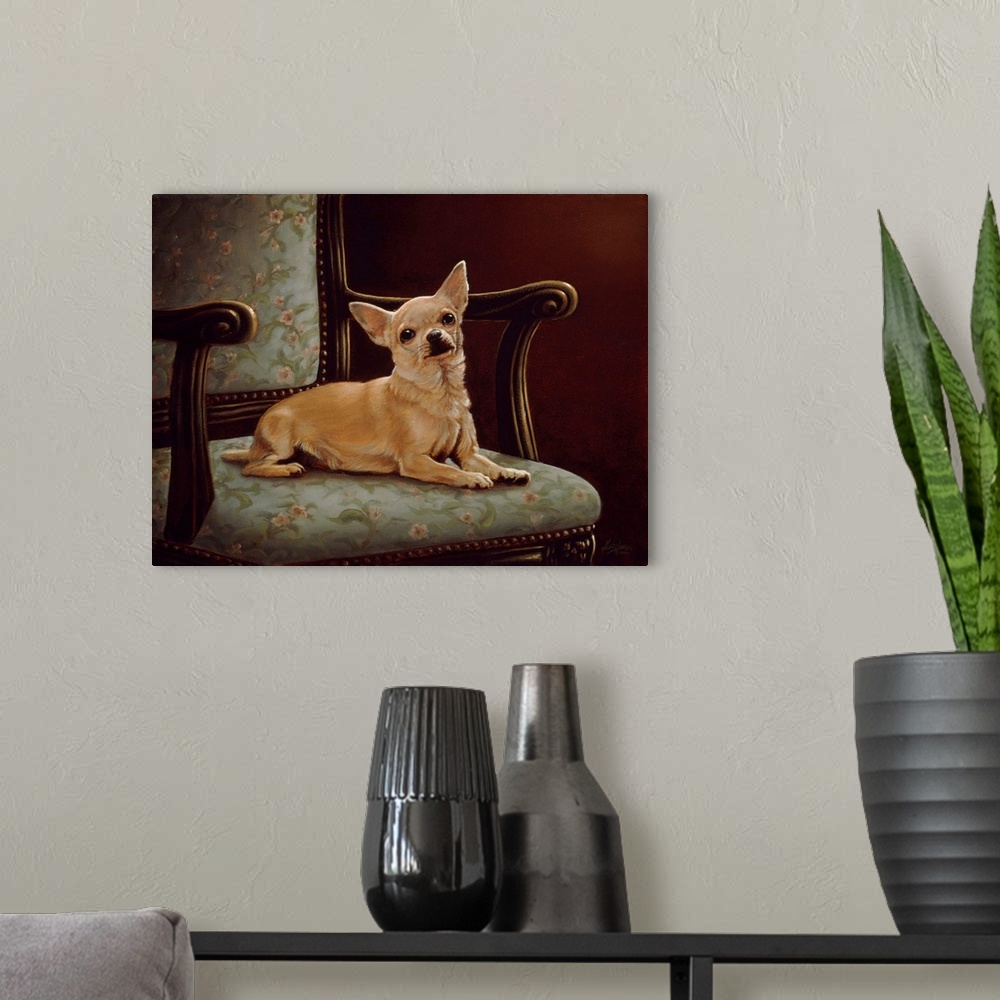 A modern room featuring Contemporary painting of a dog sitting on a chair.